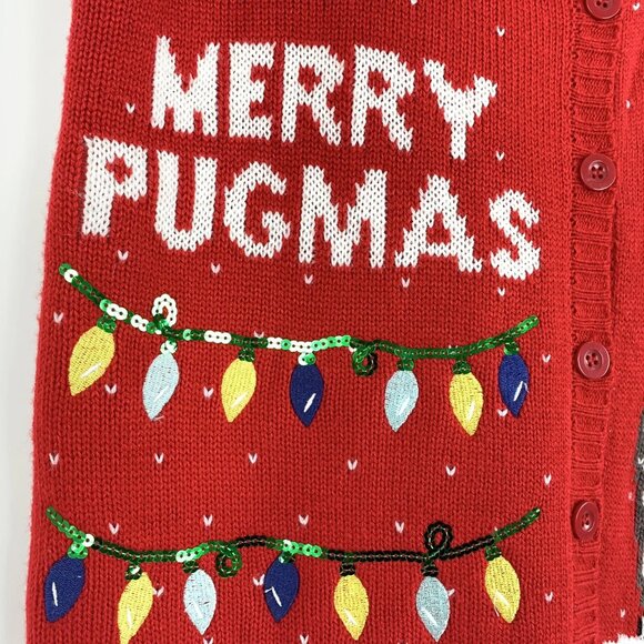Christmas Vest Large Red with Pug Dog Merry Pugmas Ugly Sweater Sparkly Vest - Picture 2 of 8